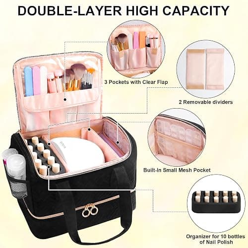 Veirdro Nail Polish Organizer Bag Holds 50 Bottles (15ml/0.5fl.oz)& Nail Lamp, Soft Velvet Nail Kit Storage Carrying Case with Shoulder Strap, Double Layer Nail Supplies Organizer Handbag Women Black thumbnail 3