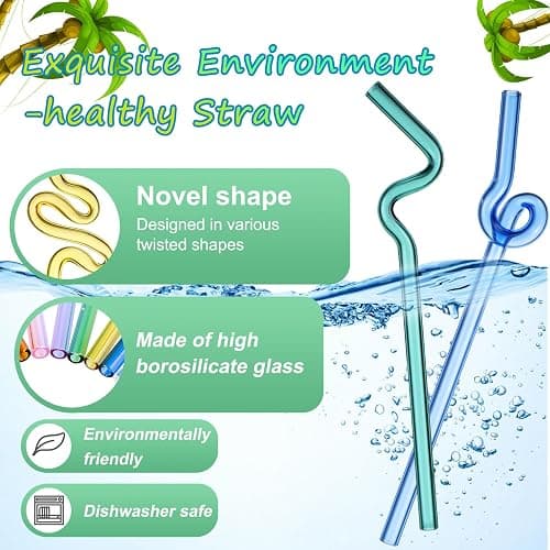 Yinkin 6 Pcs Wavy Glass Straws Reusable Curved Straw Shatter Resistant with 2 Cleaning Brushes Clear Silly High Borosilicate for Kids Adults Smoothies Juice (Colorful, 8 Inch) thumbnail 4