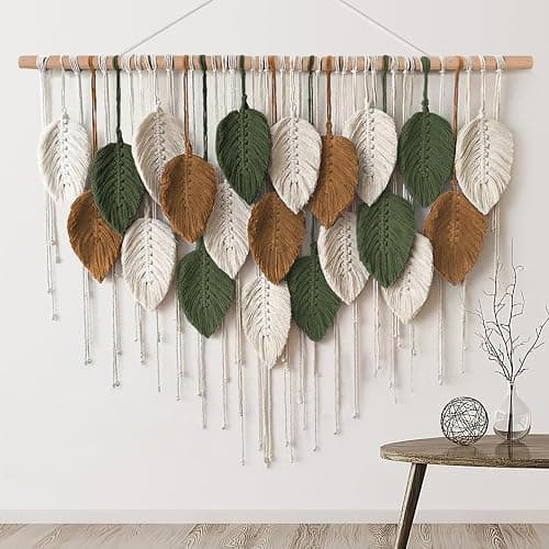 KHOYIME Large Macrame Wall Hanging Boho Woven Tapestry, Chic Home Decor Modern Bohemian Handmade Leaf Feather Wall Art Decorations for Apartment Dorm Living Room Bedroom Nursery Backdrop 39"W X 29.5"L - Image 1