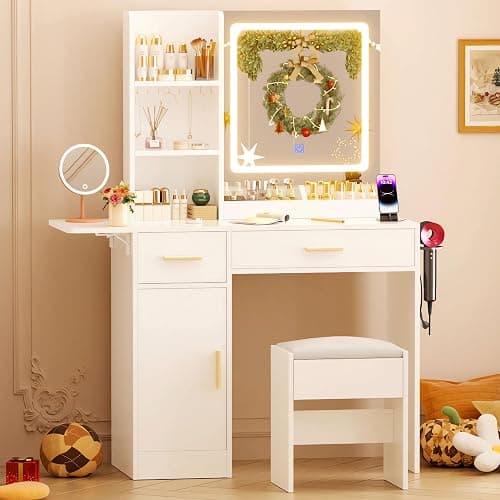 ERLEJIA Vanity Desk with Mirror and Lights & Extral Foldable Desk, 43.3" Makeup Vanity Table with Stool and Plug Outlet, 5 Drawers and 3 Open Shelves Dressing Table for Bedroom, White - Image 1
