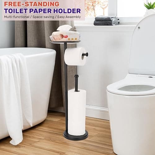 Sfemn Black Toilet Paper Holder Stand, Freestanding Toilet Paper Holder with Shelf for Small Items, Toilet Paper Stand with Storage Space for 4 Extra Toilet Paper Rolls - Black Matte thumbnail 3