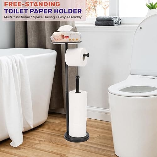 Sfemn Black Toilet Paper Holder Stand, Freestanding Toilet Paper Holder with Shelf for Small Items, Toilet Paper Stand with Storage Space for 4 Extra Toilet Paper Rolls - Black Matte thumbnail 3