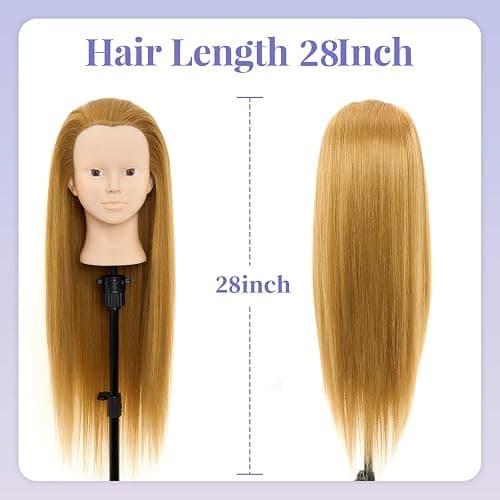 Mannequin Head with 80% Real Human Hair - 28 Inch Makeup Cosmetology Manikin Doll Head for Hair Styling, Training Practice Braiding Mannequin Head with False Eyelashes Hair Styling Set thumbnail 5