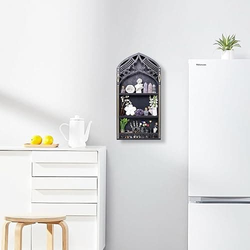 Gothic Window Crystal Shelf Display for Wall, Wooden Gem Stone Rock Storage Holder Trinkets Organizer, Wall Mount Stand Case Box for Witch Wiccan Decor, Spiritual Gift for Home Bedroom Living Room thumbnail 8