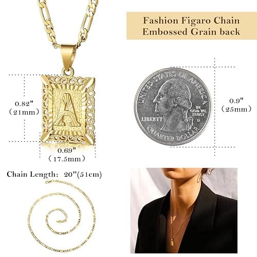 KissYan Initial Letter Pendant Necklace for Men Women, 14K Gold Plated Square Capital Monogram Necklace Alphabets from A-Z Figaro Chain Jewelry thumbnail 5