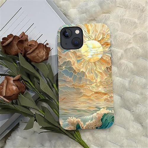 ZHEGAILIAN Case for iPhone 15,Ocean Waves Sun Rays Stained Glass for 2 in 1 Hard Shell + Soft Silicone,Shockproof Bumper Drop Protective Case for iPhone 15 thumbnail 5