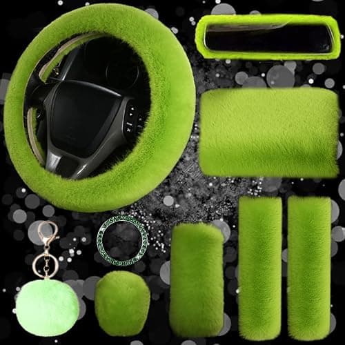 9-Pack Fluffy Car Accessories Set,Silence Shopping Fluffy Steering Wheel Cover Winter Warm Fur Steering Wheel Cover Fuzzy Car Decoration Accessories for Women Girls (Green) - Image 1