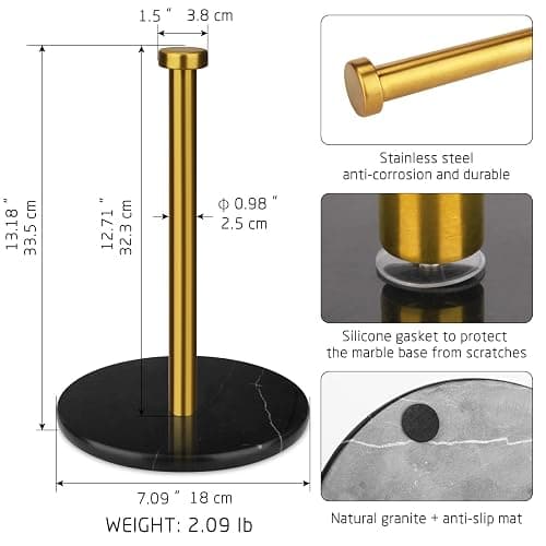 Paper Towel Holder Countertop, Brushed Gold, 7" Black Marble Base | Weighted Marble Base, Paper Roll Holder, Modern Free Standing, Stainless Steel Stand, For Kitchen Bathroom thumbnail 2