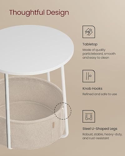 VASAGLE LILEA Collection - Small Round Side End Table, Modern Nightstand with Fabric Basket, Matte White and Camel Brown ULET223W10 thumbnail 5