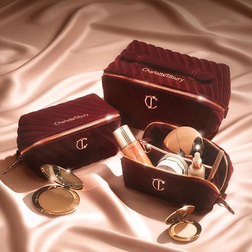 Charlotte Tilbury Travel Makeup Bag of My Dreams - Quilted Velvet Skincare, Fragrance & Cosmetic Organizer with 5 Compartments, Zip Pocket & Top Handle - Iconic Night Crimson Toiletry Bag thumbnail 3