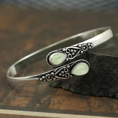 Pear Shape Natural Gemstones Bangle for Women - 925 Sterling Silver Plated Handmade Cuff Bracelet - Birthstone Adjustable Open Bangle Jewelry - Gift for Wedding Anniversaries Valentine's Day Christmas thumbnail 6