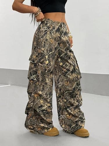 OYOANGLE Women's Camo Print Baggy Cargo Pants Elastic Waist Flap Pocket Straight Leg Trousers Streetwear thumbnail 5