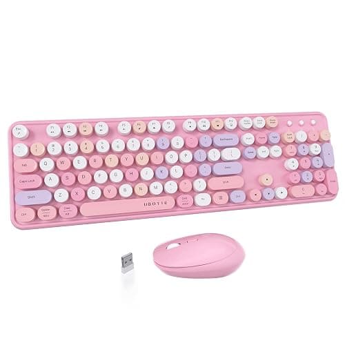 UBOTIE Colorful Computer Wireless Keyboard Mice Combo, Retro Typewriter Flexible Keys Office Full-Sized Keyboard, 2.4GHz Dropout-Free Connection and Optical Mouse (Pink-Colorful) - Image 1