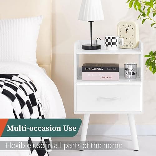 Yoobure Modern Nightstand with Drawer, Bedside Tables, Mid Century Nightstands with Open Storage Shelf, Wood Bedside Table, Small Night Stands for Bedrooms, 2-Tier Night Table thumbnail 7