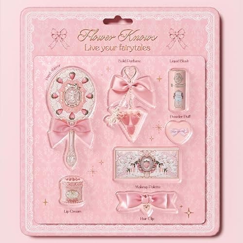 Flower Knows Strawberry Kiss Treasure Set 7 Pieces Makeup Gift Kit,Includes Make-up Palette,Solid Perfume,Lip Cream,Liquid Blush,Hand Mirror,Hair Clip,Powder Puff for Women Girls(Strawberry Treasure) - Image 1