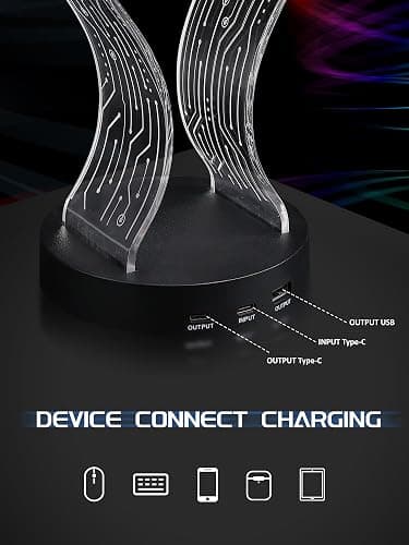 CoolGift Mart Light Up Headphone Stand with 16 Color Lights, PCB Pattern Acrylic Headset Stand with 1 USB and 1 Type-C Charging Ports, Gifts for Gamers Men and Music Lovers thumbnail 6
