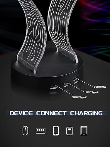 CoolGift Mart Light Up Headphone Stand with 16 Color Lights, PCB Pattern Acrylic Headset Stand with 1 USB and 1 Type-C Charging Ports, Gifts for Gamers Men and Music Lovers thumbnail 7