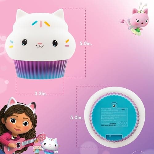 Lights By Night Squish'ems Gabby's Dollhouse Cakey Cat Night Light for Kids | 13 Color Modes and Dimmable Warm White Light for Kids Room, Nursery, and Bedroom, USB Powered with AAA Battery Option thumbnail 6
