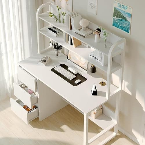 MaverickFurni White Desk with Hutch, 60 Inch Computer Desk with 3 Drawers for Bedroom, Study Writing Desk with Shelves for Small Places, Adjustable Feet thumbnail 4
