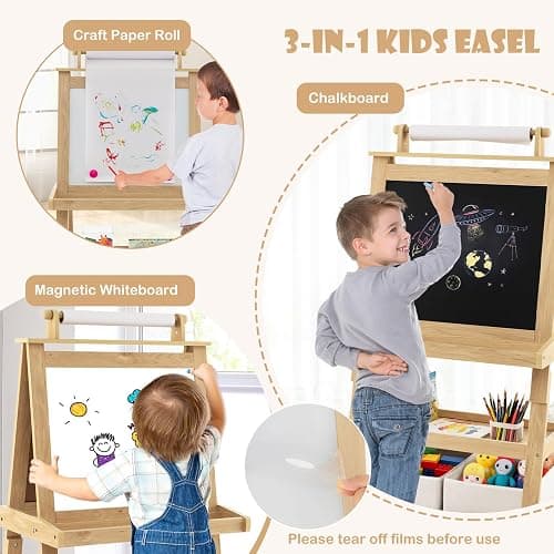 HONEY JOY Art Easel for Kids, 3-in-1 Double-Sided Wooden Toddler Easel w/Magnetic White Board & Chalkboard, Paper Roll, 2 Storage Bins, Painting Dry Erase, Kids Easel for Boys Girls Aged 3+ (Natural) thumbnail 5