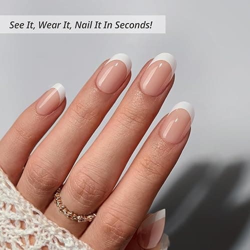 BTArtbox Press On Nails Short - Lamp-Curable Oval White French Tips Press On Nails with Glue for Women, Semi-Transparent Soft Gel Glue On Nails in 15 Sizes - 30 Stick On Nails Kit, Chic Twins thumbnail 2