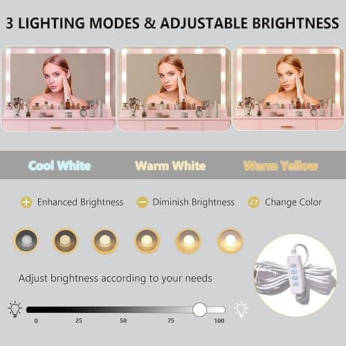 METOTI 44" Vanity Desk with 38" Large Mirror and 9 LED Lights & Glass Top and Power Outlet, Makeup Vanity Set with 7 Drawers & Chair and RGB Ambient Light, Dressing Table for Bedroom, Modern Pink thumbnail 5