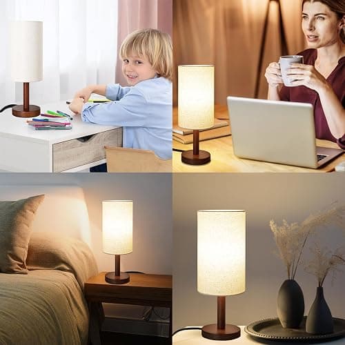 Small Table Lamp for Bedroom, Nightstand Lamp Linen Lampshade Bedroom Wood Base Small Bedside Lamp for Night Stands, Desk Lamps for Reading Living Room, Office (LED Bulb Included) (Black-Walnut Wood) thumbnail 8