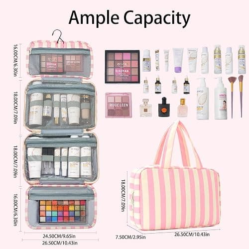 Apxouans Toiletry Bag for Women Travel Water-resistant Cosmetic Bag Fashion Stripes Makeup Bag with Hanging Hook Preppy for Store Toiletries Cosmetic Accessories Medium Pink thumbnail 4