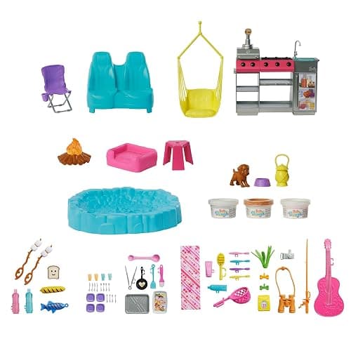 Barbie Dream Camper New for 2025 Playset with Roof Tent, Swing Chair, Fishing Pond, BBQ Grill with Color-Change Feature & 60+ Accessories Including Dough thumbnail 6