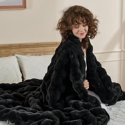 Wajade Fluffy Faux Fur Throw Blanket for Couch Bed 50x60 Inches, Luxury Ultra Soft Thick Fuzzy Plush Bubble Blanket, Reversible Warm Cozy Blanket for Sofa Chair, Black thumbnail 3