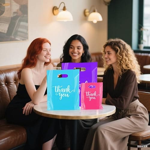 Odseciran 300 Pcs Thank You Bags for Small Business, 3 Size Plastic Mini Retail Merchandise Vendor Shopping Bag with Handle for Boutique Store, Wedding Party Goodie Bulk (Mixed color) thumbnail 2