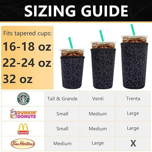 YR Reusable Neoprene Insulator Sleeve for Iced Coffee Cups, 3 Pack Coffee Coolies sleeves for Iced & Hot Drinks, Cold Beverage Cooler Compatible with Starbucks Coffee and More (Black Leopard Print) thumbnail 4