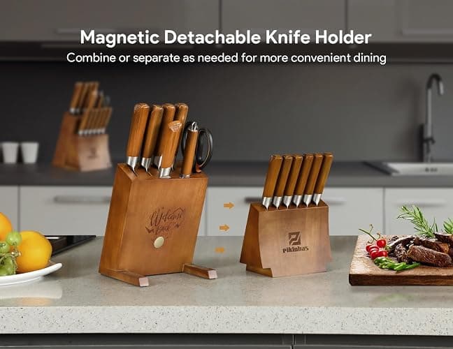 Kitchen Knife Sets With Block, Piklohas 15 Pieces Knife Sets With Magnetic Detachable Knife Holder, High Carbon Steel Damascus Pattern Chef Knife Set With Steak Knives, Ideal For House Warming Gift thumbnail 2