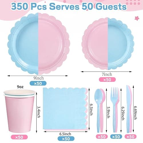 Xiangqu 350 Pcs Baby Gender Reveal Plates and Napkins, 50 Guest Boy or Girl Gender Reveal Party Supplies Include Light Pink and Light Blue Plates Napkin Cup Plastic Spoon Fork Knive for Baby Shower thumbnail 3