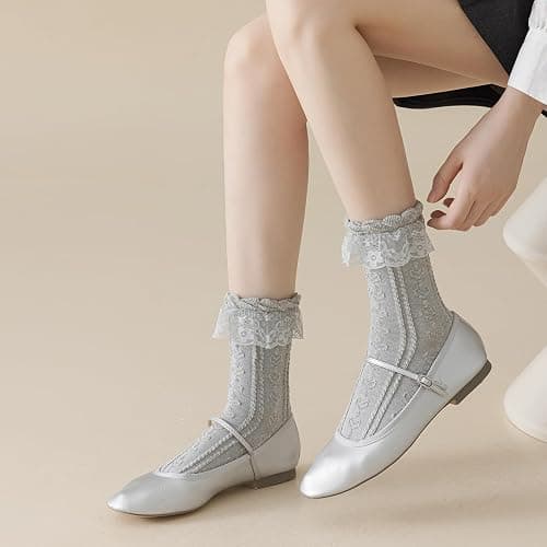 BIVOLU Womens Crew Socks Lace Ruffle Frilly Cotton Cute Princess Ankle Dress Socks for Girl 5 Pack thumbnail 6