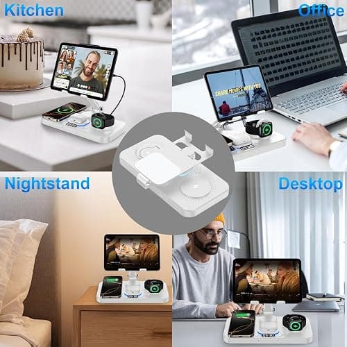 30W Charging Station for Apple Products, Foldable Wireless Charger with Clock Display&7 Color Light, Wired Charging for iPad/Tablet Charging Station for iPhone17, for Apple Watch11 for AirPods4(White thumbnail 8
