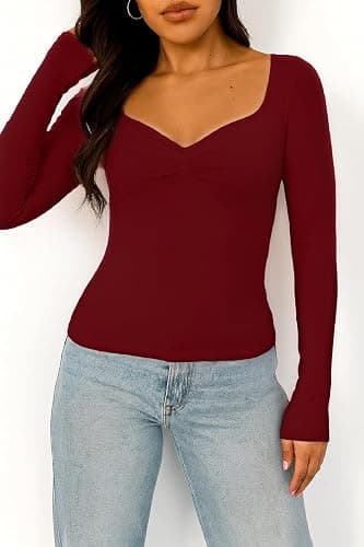 ForeFair Women's Long Sleeve Going Out Tops Pleated Basic T Shirts Cute Sweetheart Neck Y2K Fall Tops thumbnail 5