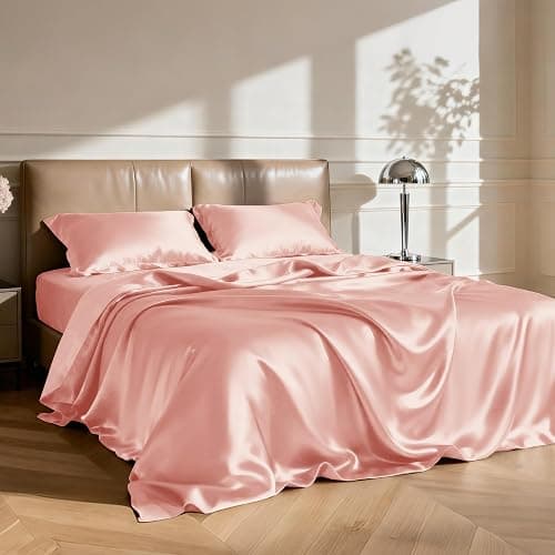 Love's cabin Satin Queen Sheets Set - 4 Piece Coral Silky Bed Sheets with Deep Pocket, Luxury Silk Feel Satin Queen Size Sheet Set (1 Flat Sheet,1 Fitted Sheet,2 Pillow Cases) thumbnail 2