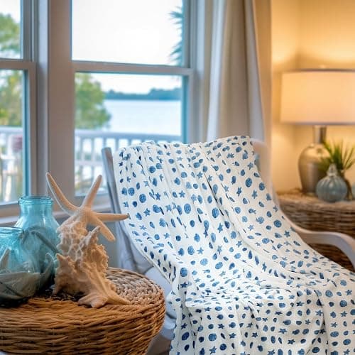 SmoothNovelty Ocean Life Coastal Ocean Beach Throw Blanket Starfish Seashell Beach Themed Throw Blankets of Blue on White for Adults for Sofa Couch Bed Room Birthday Gifts Decor 50x60in thumbnail 4