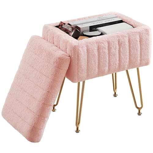 Sweetcrispy Vanity Stool Chair with Storage, 18.9”H x 16”L x 12.2”W Ottoman Chair Faux Fur Soft Padded Makeup Footstools Seat with 4 Metal Legs Anti-Slip Adjustable Feet for Make Up, Pink thumbnail 3