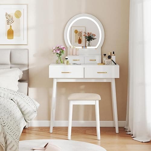 CHARMAID Vanity Desk with Mirror and Lights, Modern Makeup Vanity Table with 4 Drawers, 3-Color Dimmable LED Mirror, Girls Dressing Table and Stool Set for Small Bedroom (White) thumbnail 7