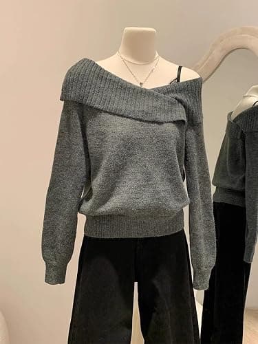 Christmas wear Slanted Shoulder Longsleeved Sweater Womens Autumn and Winter twopiece top thumbnail 6