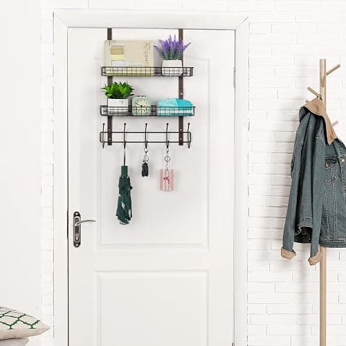 OYEAL Türgarderobe mit 5 Haken, 2 Körben, Stahl, stabil, langlebig, Garderobenleiste, Handtuchhaken, Hänge-Organizer, Regale für Zuhause, Schlafzimmer, Badezimmer, Küche, Braun thumbnail 6