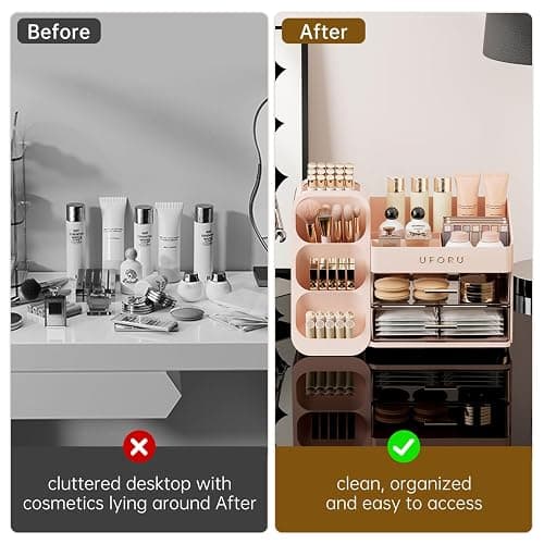 UFORU Makeup Organizer for Vanity with Brush Holder, Countertop Skincare Organizer with 2 Drawers, Spacious Cosmetic Display Case for Perfumes, Eyeshadow Palettes, Nail Polishes thumbnail 8