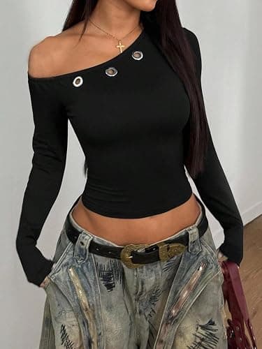 LOFAAC Women Sexy Off Shoulder Metal Ring Decor Long Sleeve Tops Y2K Slim Fit Ruched Grommet Hollow Out Pullover Top thumbnail 5