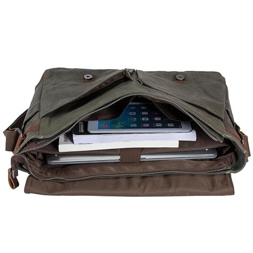 Vintage Genuine Leather Waxed Canvas Briefcase Large Satchel Shoulder Bag Rugged Computer 15.6" Laptop Bag thumbnail 4
