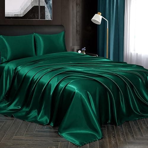 Homiest 3pcs Satin Sheets Set Luxury Silky Satin Bedding Set with Deep Pocket, 1 Fitted Sheet + 1 Flat Sheet + 1 Pillowcase (Twin Size, Blackish Green) thumbnail 3