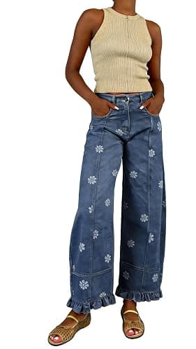 utcoco Barrel Jeans Women 2026 Floral Print Wide Leg Jeans Y2k Patchwork Baggy Boyfriend Denim Pants thumbnail 5