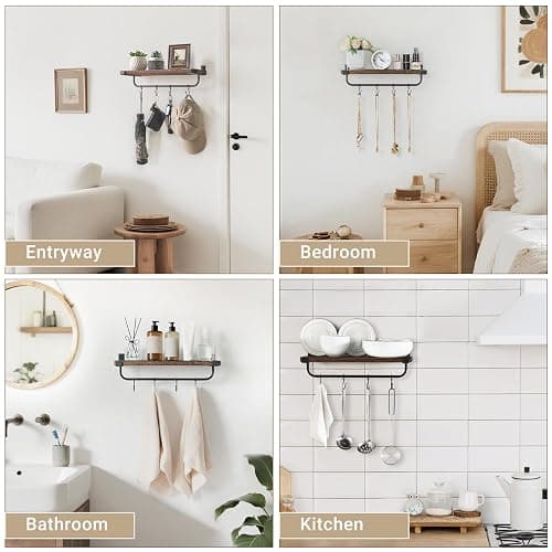 Mkono Mug Holder Wall Mounted Coffee Mug Rack Set of 2 Rustic Floating Shelf for Coffee Bar Accessories Wood Tea Cup Hooks Hanger for Organizing Cooking Utensils, Home Kitchen Decor, Brown thumbnail 5