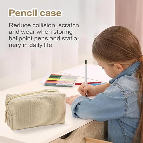 Corduroy Pencil Case, Large Capacity Beige Pencil Case for Girls, Cream Pencils Cases with Zipper, Solid Color Aesthetic Stationery Pouch, Stationery Organizer Pen Bag for School, Travel thumbnail 4